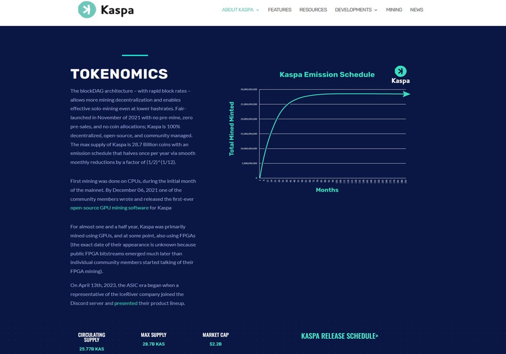 Kaspa's clear Tokenomics page